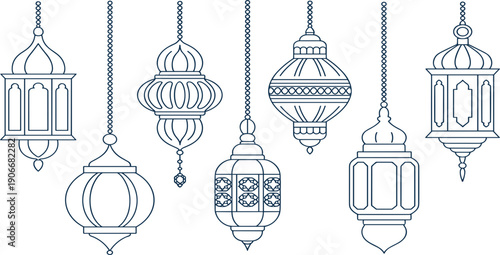 Islamic ramadan kareem hanging lanterns vector set, traditional line art decoration for eid mubarak celebration