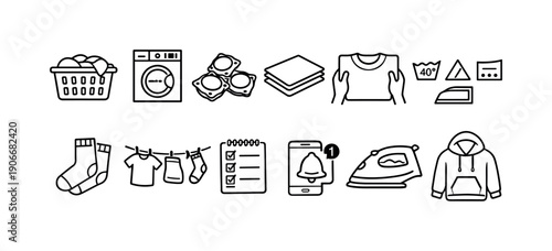 Laundry and Clothing Care Linear Icon Set. Featuring basket, washing machine, detergent, folding, ironing