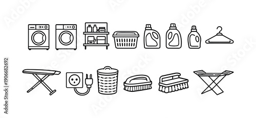 Household laundry linear icon set. Featuring washing machine, detergent, ironing board, basket, plug, and hanger