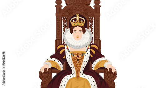 Regal queen wearing an elaborate crown and traditional renaissance dress sitting on a magnificently carved wooden throne.