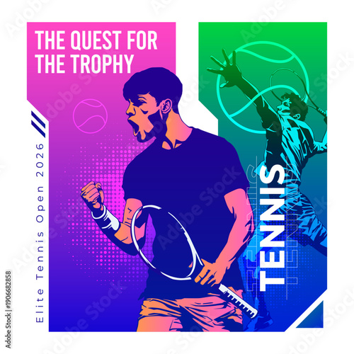 Tennis player victory celebration for Elite Tennis Open 2026. Bold athletic poster with "The Quest for the Trophy" theme featuring powerful silhouettes and vibrant purple-green gradient background.