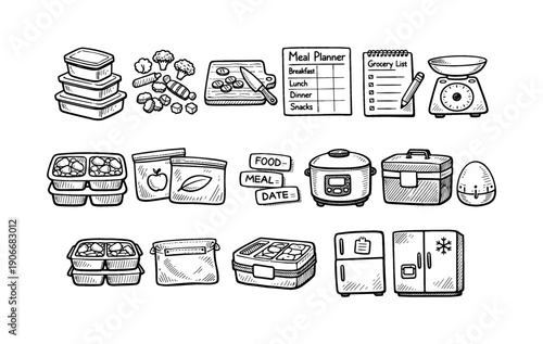 Hand-drawn meal prep icon set. Containers, planner, grocery list, scale, rice cooker, lunch box, labels, fridge