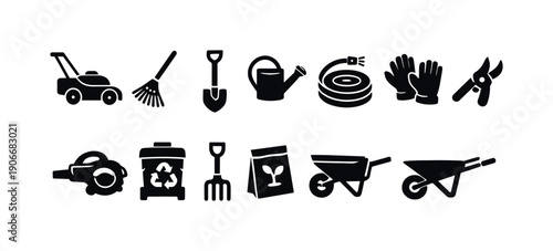 Garden Tools Silhouette Icon Set. Featuring lawnmower, rake, shovel, watering can, hose, gloves, and shears