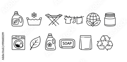 Eco-Friendly Laundry Linear Icons Set. Featuring detergent, washing machine, drying rack, recycling, and soap