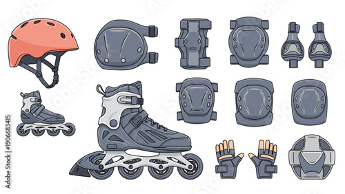 Complete set of protective gear for inline skating including roller skates a helmet knee pads and wrist guards.