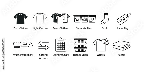 Laundry Silhouette Icon Set. Includes Dark Clothes, Light Clothes, Color Clothes, Bins, Sock, Label Tag