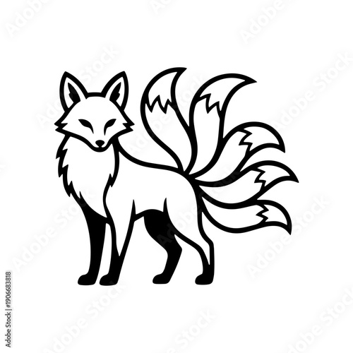 Stylized black and white line art of a legendary nine-tailed fox kitsune from Japanese folklore. Ideal for tattoo designs, logos, and creative mascot concepts.