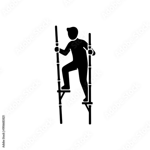 A minimalist black silhouette of a person balancing and walking on wooden stilts, isolated on a white background. Perfect for circus, skill, and street performance themes.