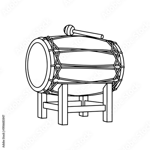 A minimalist black and white line drawing of a traditional Indonesian Bedug drum on a wooden stand with a mallet. Ideal for cultural designs and educational materials.