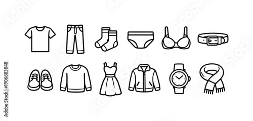 Clothing and Accessories Linear Icon Set. Includes t-shirt, jeans, socks, underwear, belt, shoes, watch, scarf