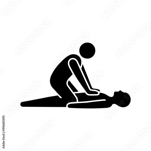 A minimalist black and white pictogram showing a person performing CPR cardiopulmonary resuscitation. Suitable for emergency medical training and safety instruction manuals.