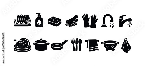 Kitchen Cleaning Silhouette Icon Set. Includes plates, soap, sponge, brush, gloves, faucet, pot, and towel