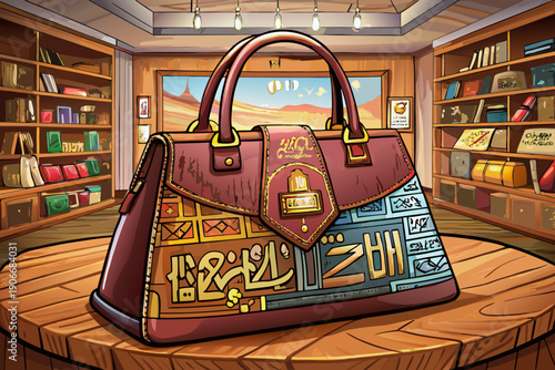 Designer handbag displayed on wooden table indoors featuring a beautifully scratched traditional word on leather surface elegant craftsmanship cultural detail warm ambient setting.