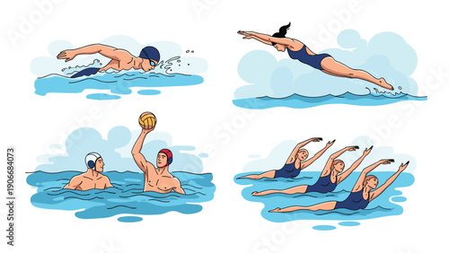 Collage showcasing various water sports including swimming diving water polo and synchronized swimming in a pool.