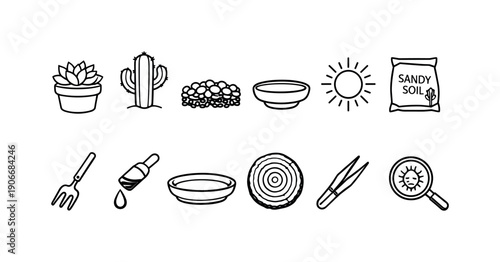 Succulent and Cactus Linear Icon Set. Featuring soil, sun, sand, pot, fork, dropper, tray, and magnifier icons