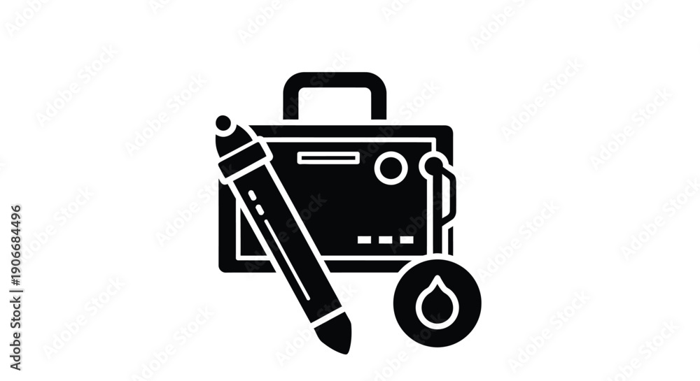 Obraz premium Black silhouette of a briefcase with a pencil and droplet icon