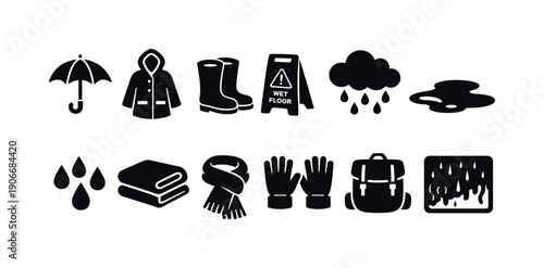 Rainy Weather Silhouette Icon Set. Featuring Umbrella, Raincoat, Boots, Wet Floor Sign, Cloud, Puddle, Drops, Towel, Scarf, Gloves, Backpack, and Window