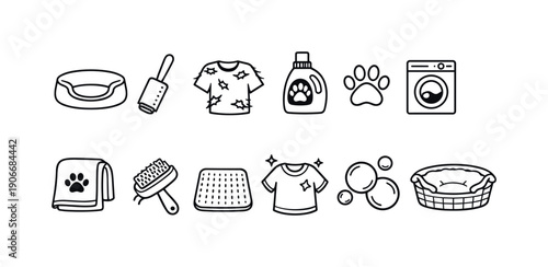 Pet Care Linear Icon Set. Featuring bed, lint roller, shirt, detergent, paw print, washing machine, towel, brush, mat, bubbles