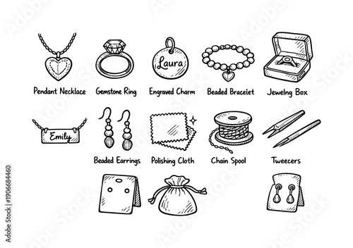 Jewelry Hand-Drawn Icon Set. Featuring necklace, ring, charm, bracelet, box, earrings, cloth, spool, tweezers