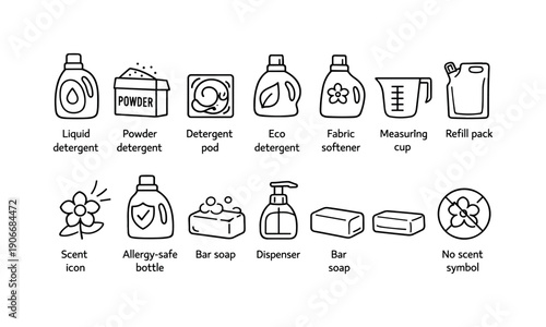 Cleaning Products Linear Icon Set. Featuring liquid, powder detergent, eco, pod, fabric softener, and more