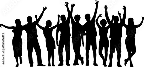Diverse Group of Cheering People Silhouettes with Raised Arms
