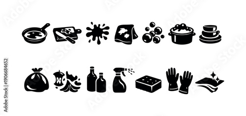 Silhouette cleaning and kitchen icon set. Includes pan, cutting board, spill, sponge, detergent, gloves