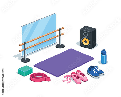Exercise and Dance Isometric Icon Set. Includes Ballet Barre, Yoga Mat, Speaker, Sneakers, Water Bottle