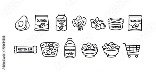 Healthy Foods Linear Icon Set. Avocado, Quinoa, Almond Milk, Spinach, Blueberries, Hummus, Flaxseed, Protein Bar
