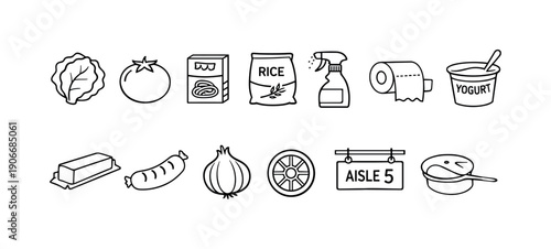 Supermarket Linear Icon Set. Includes lettuce, tomato, cereal, rice, spray, paper, yogurt, butter, sausage, onion, cart, aisle, pan