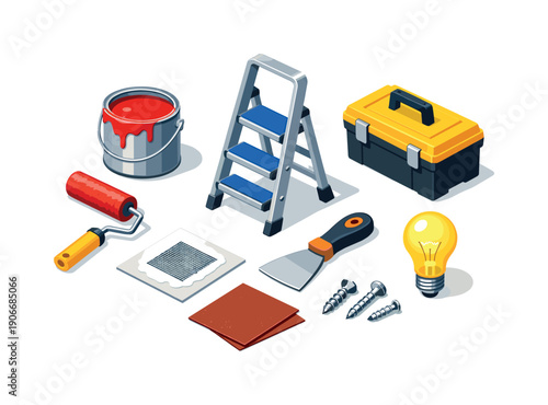 Home Improvement Isometric Icon Set. Featuring ladder, toolbox, paint can, roller, putty knife, screws, and light bulb