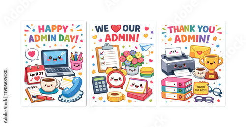 Administrative Professionals Day Colorful Icon Set. Featuring calendar, laptop, coffee, phone, and trophy