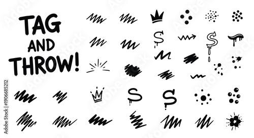 Graffiti tags and throw up vector icons, stencil art symbols and marks, spray paint effects, urban street art illustrations for design or mockup, Isolated on transparent background, png