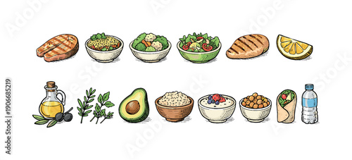 Healthy Food Hand-Drawn Icon Set. Featuring salmon, salads, avocado, grains, herbs, wrap, and water icons