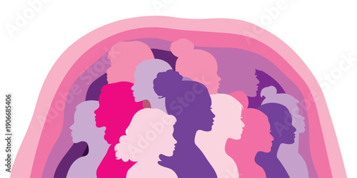 Diverse group of people silhouettes in pink and purple hues
