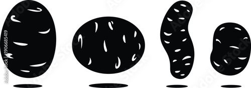 Black potato silhouette collection in different shapes and sizes, vegetable food icons isolated on light background for cooking and agriculture