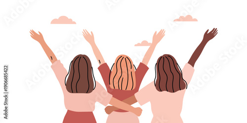 Three women with arms raised in celebration