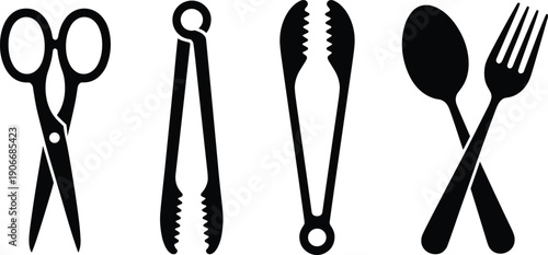 Black kitchen utensil silhouettes including scissors, tongs, spoon, and fork icons isolated on light background for cooking and dining