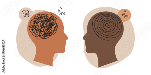Illustration of two human heads with thoughts and emotions