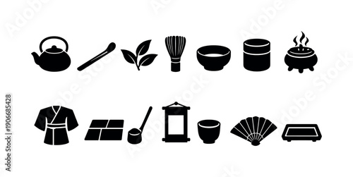 Japanese Tea Ceremony Silhouette Icon Set. Featuring teapot, whisk, kimono, tea bowl, fan, and incense burner