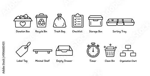 Organizational linear icon set. Featuring donation box, recycle bin, trash bag, checklist, storage, and more.