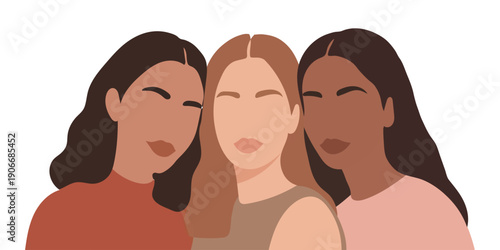 Three women of different ethnicities smiling together