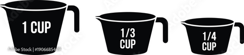 Black silhouette measuring cup set with volume labels isolated on light background, kitchen cooking baking utensil icons for recipe preparation