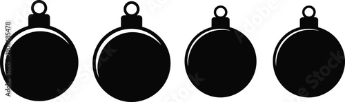 Black silhouette Christmas ornament baubles icon set isolated on light background, minimal festive decoration symbols for holiday design projects use