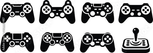 Black video game controller and arcade joystick icon collection, gaming console equipment silhouettes for digital entertainment and technology design