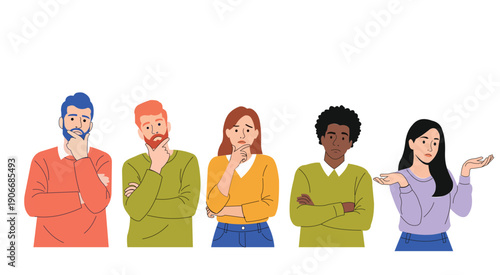 Five people standing in a row with different expressions and gestures