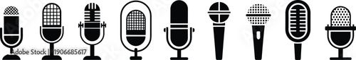 Collection of microphone silhouettes in various retro and modern styles isolated on white background, audio recording equipment vector illustration set