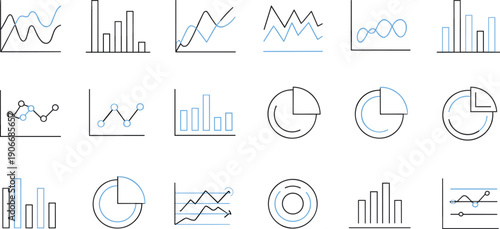 Data analytics charts and financial graph icons in modern line style, business statistics visualization set for dashboard and reporting