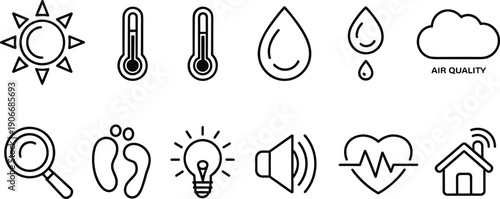 Environmental and health monitoring icon set featuring sunlight, temperature, humidity, air quality, noise, heart rate, and smart home connectivity