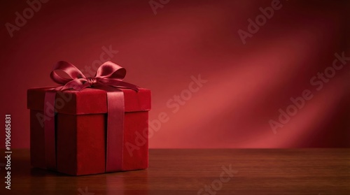 Wallpaper Mural Elegant red gift box with satin ribbon on wooden table Torontodigital.ca