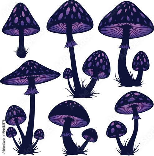Purple mushroom silhouette collection on white background
